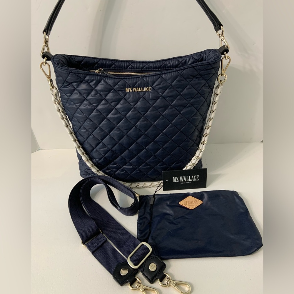 MZ Wallace Crosby Hobo Dawn Navy Blue white Quilted Crossbody Shoulder Bag Purse